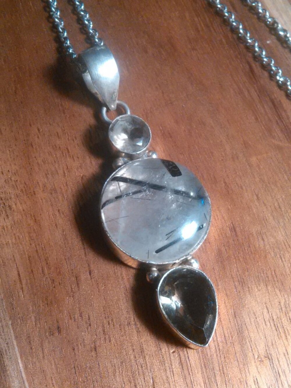 Multi-Color Three Stone Silver Clad Pendant Stainless Steel Necklace (20 Inch)